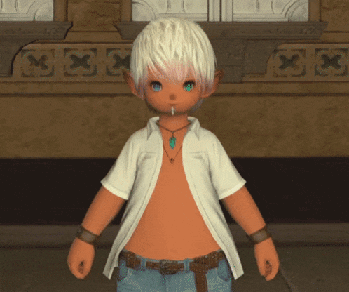 a boy with white hair and blue eyes is wearing a white shirt and blue jeans
