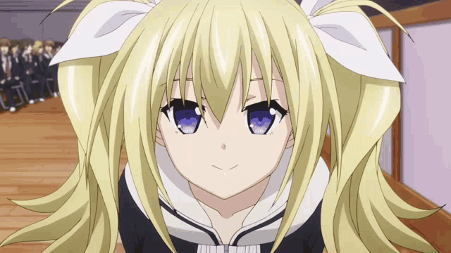 a girl with blonde hair and blue eyes is wearing a sailor uniform