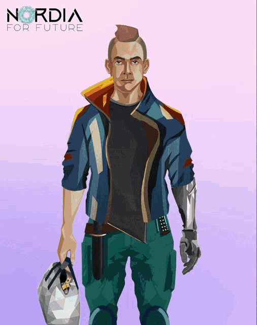 a cartoon of a man holding a helmet with the word nordica for future behind him
