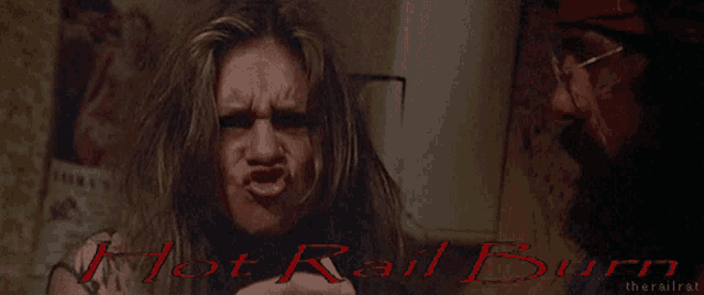 a woman making a funny face with the words hot rail burn behind her