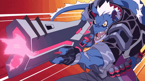 a cartoon drawing of a monster holding a large gun
