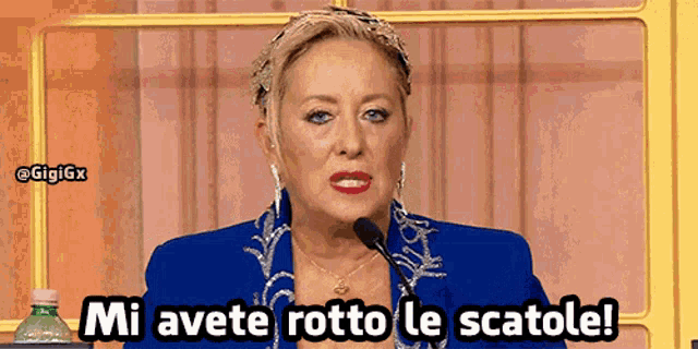 a woman in a blue jacket is talking into a microphone and says mi avete rotto le scatole !
