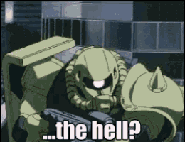 a robot is holding a gun and says " the hell " on the bottom