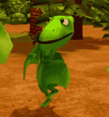a green cartoon dinosaur is walking on a dirt path