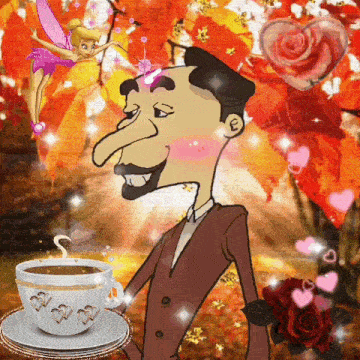 a cartoon of a man with a cup of coffee