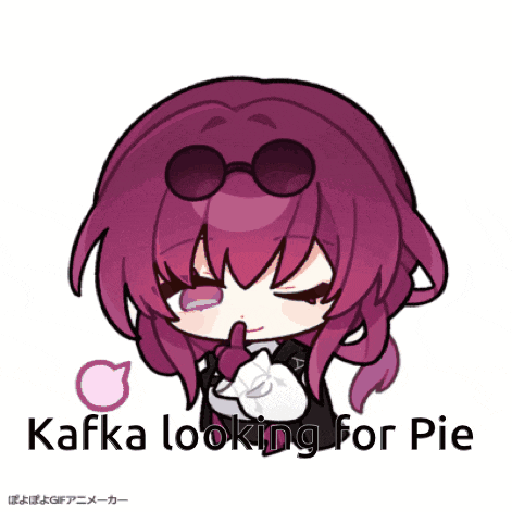 a cartoon of a girl with purple hair and the words kafka looking for pie below her