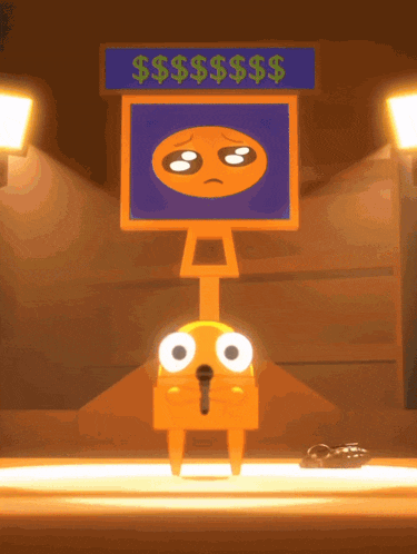 a cartoon character stands under a sign that says $ $$$$