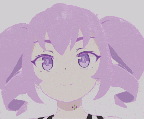 a cartoon girl with purple hair and pink eyes looks up at the camera