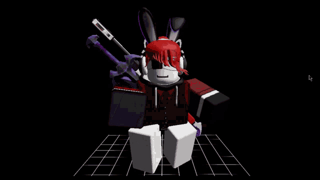 a 3d model of a bunny with red hair and a purple gun