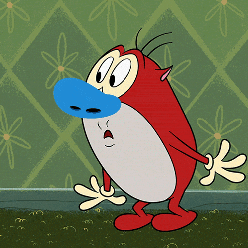 a cartoon character with a blue nose is standing in front of a green wall