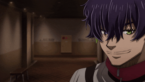 a cartoon character with purple hair and green eyes says " all right "