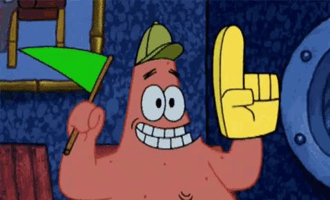 patrick star from spongebob squarepants holds a green flag and a yellow glove
