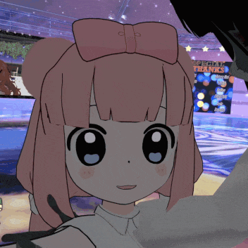a cartoon girl with a pink bow stands in front of a sign that says special thanks