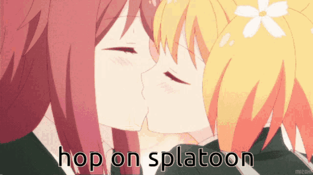 a couple of girls kissing with the words hop on splatoon below them
