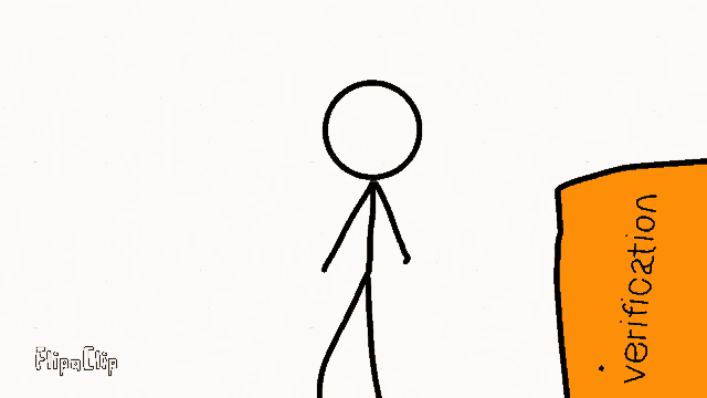 a stick figure is standing next to an orange box that says verification