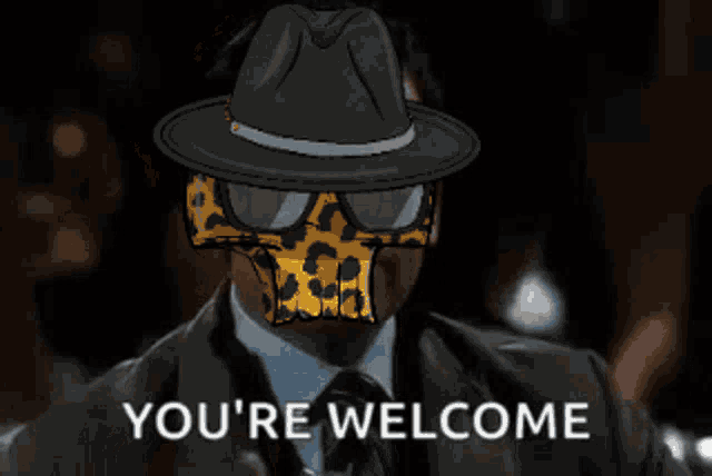 a man wearing a hat and leopard print glasses says " you 're welcome "