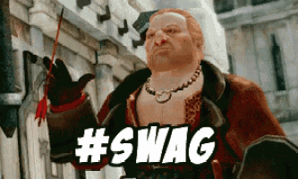 a man in a video game says #swag in white letters