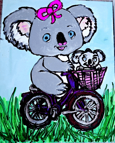 a painting of a koala bear riding a bike