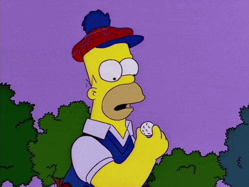 homer simpson is holding a golf ball and wearing a tartan hat