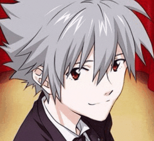 a close up of a person 's face with gray hair and red eyes wearing a suit and tie .