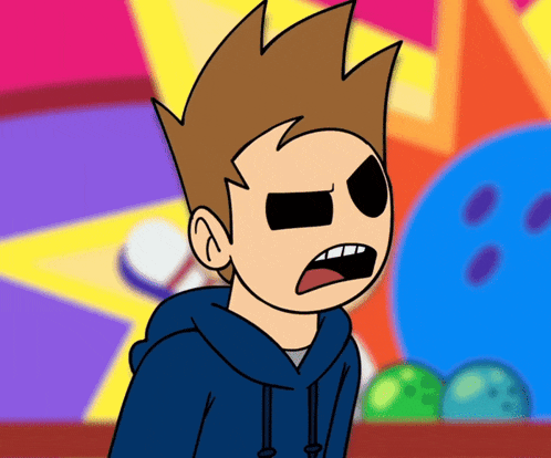 a cartoon character with a bowling ball in the background is making an angry face