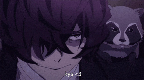 a cartoon character with a raccoon on his shoulder and the words kys < 3 below him
