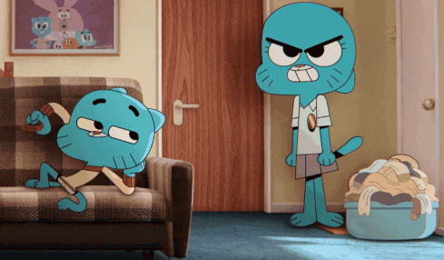 gumball is sitting on a couch and gumball is standing next to a pile of laundry