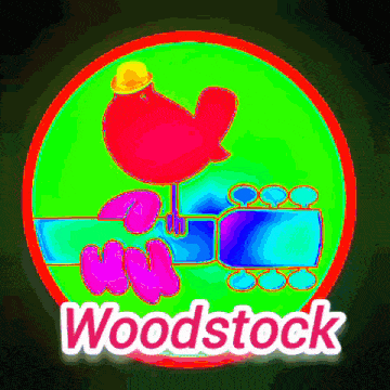 a colorful logo for woodstock with peanuts on a guitar