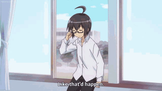 a cartoon character is standing in front of a window and says like that 'd happen