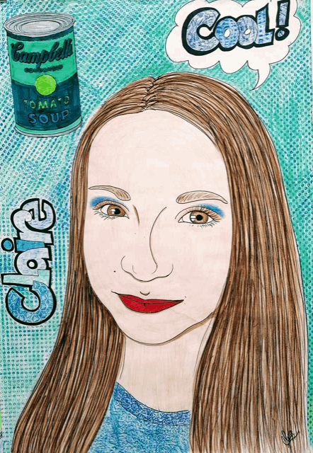 a drawing of a girl with a can of campbell 's soup in the background