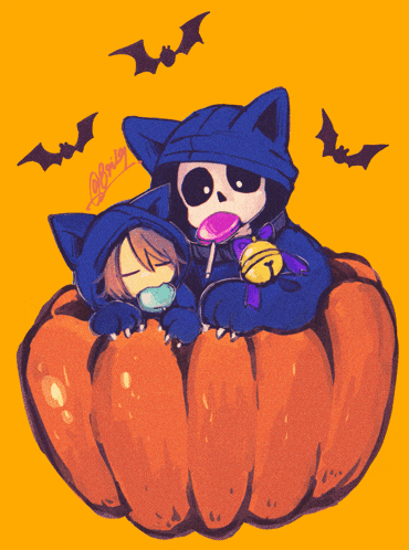 a drawing of two skeletons sitting in a pumpkin with bats flying around them