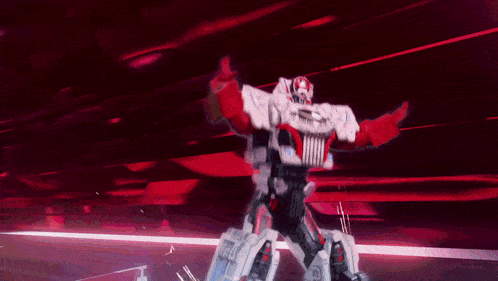 a robot is dancing in front of a red and white background