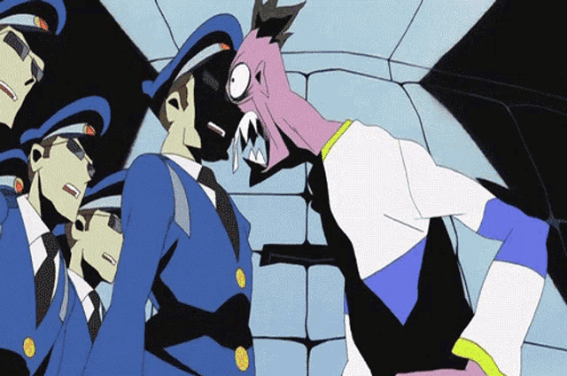 a cartoon of a group of police officers standing next to each other with a purple monster in the background