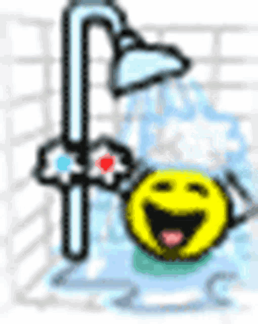 a cartoon smiley face is taking a shower in a shower stall .
