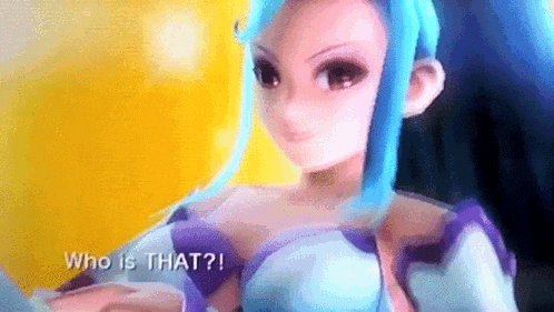 a cartoon girl with blue hair is asking who is that