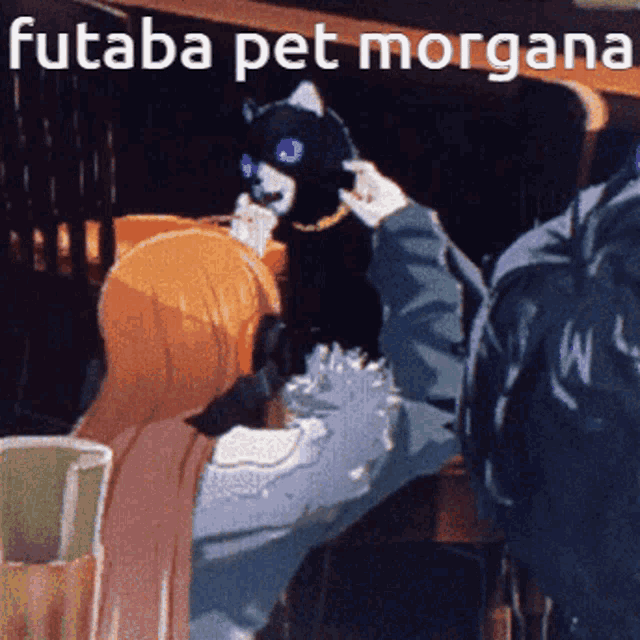 a picture of a person holding a cat that says futaba pet morgana on the bottom