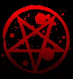 a red pentagram on a black background with blood drops