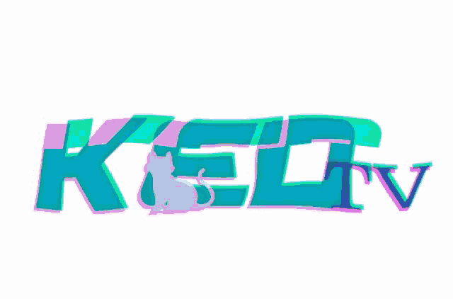a blue and pink logo for ked tv with a cat on it
