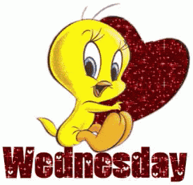 a tweety bird is holding a red heart with the words wednesday written below it