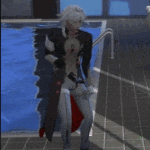 a video game character is standing next to a swimming pool