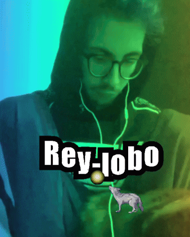 a person wearing glasses and headphones with the word rey-lobo on the bottom
