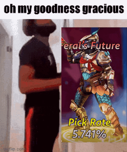a man standing next to a poster that says feral 's future pick rate 5.7411 %