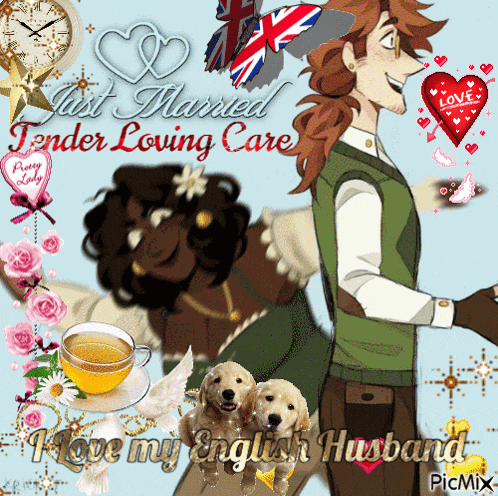 a picture of a man and a woman with the words " just married tender loving care "