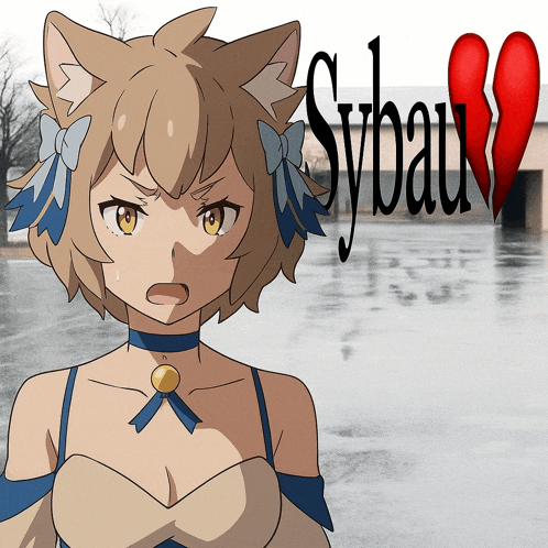 a drawing of a girl with a broken heart and the word sybau on the bottom