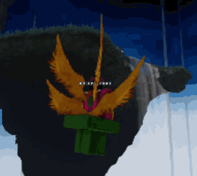 a pixel art of a bird flying over a waterfall with the word ky on it