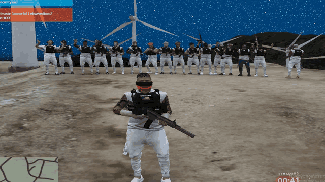 a man holding a gun stands in front of a group of people in a video game
