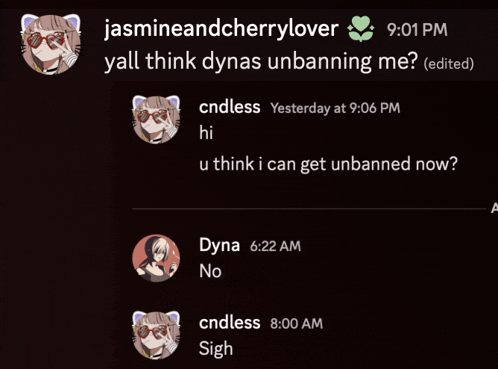 a screen shot of a chat with jasmine and cherrylover