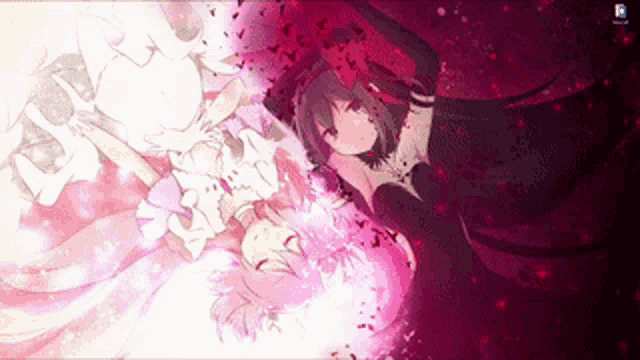 two anime girls are laying on their backs on a purple background ..
