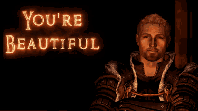 a man in armor is standing in front of a sign that says you 're beautiful