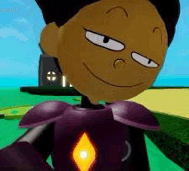 a close up of a cartoon character wearing a purple armor with a diamond on it .